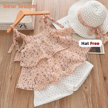 Bear Leader Girls Clothing Sets 2022 Summer Kids Clothes Floral Chiffon Halter+Embroidered Shorts Straw Children Clothing 1