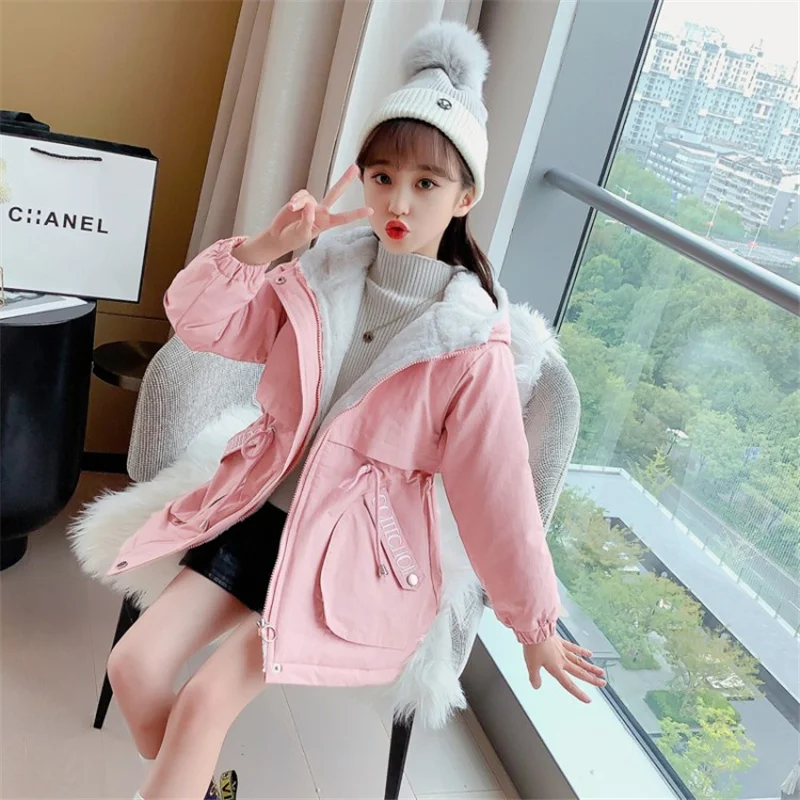 

Winter Girls Thick Warm Hooded Jacket Children Padded Coat Plus Velvet Parka Big Kids Cotton Outerwear Snowsuit Clothing 4-14 Y