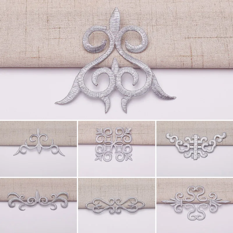 1PC Lace Embroidery Flower Patches Fabric Motifs Badges Silver Gold Iron Sewing On Clothes Stickers Repair Garment Applique