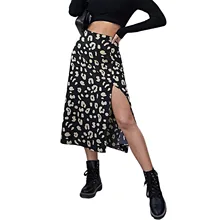 

Women\\u2019s Casual Mid-length Skirt Fashion Leopard Printing High Waist Split A-line Skirts