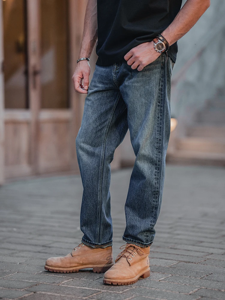 SIMWOOD 남성용 루즈 스트레이트 워시 빈티지 청바지, 13 Oz 데님 바지, 플러스 사이즈 브랜드 의류, SM230078, 2024 용수철, 신상