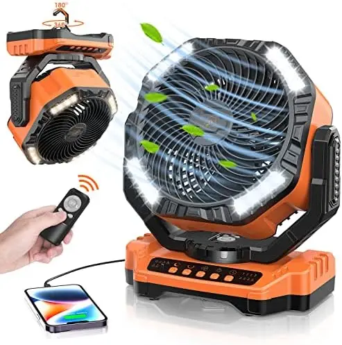 

40000mAh Camping Fan Battery Powered with LED Lights Rechargeable Remote Control Auto Oscillating Tent Fan with 4 Speeds, Portab