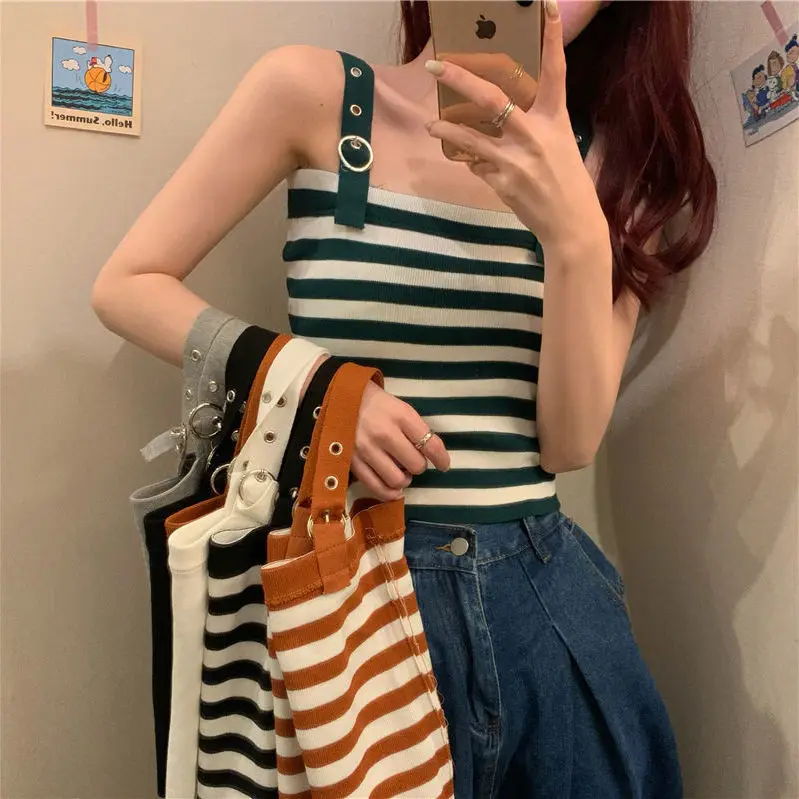 

Spring and summer camisole women's inner wear 2022 new Korean version waist and thin all-match knitted buckle striped top
