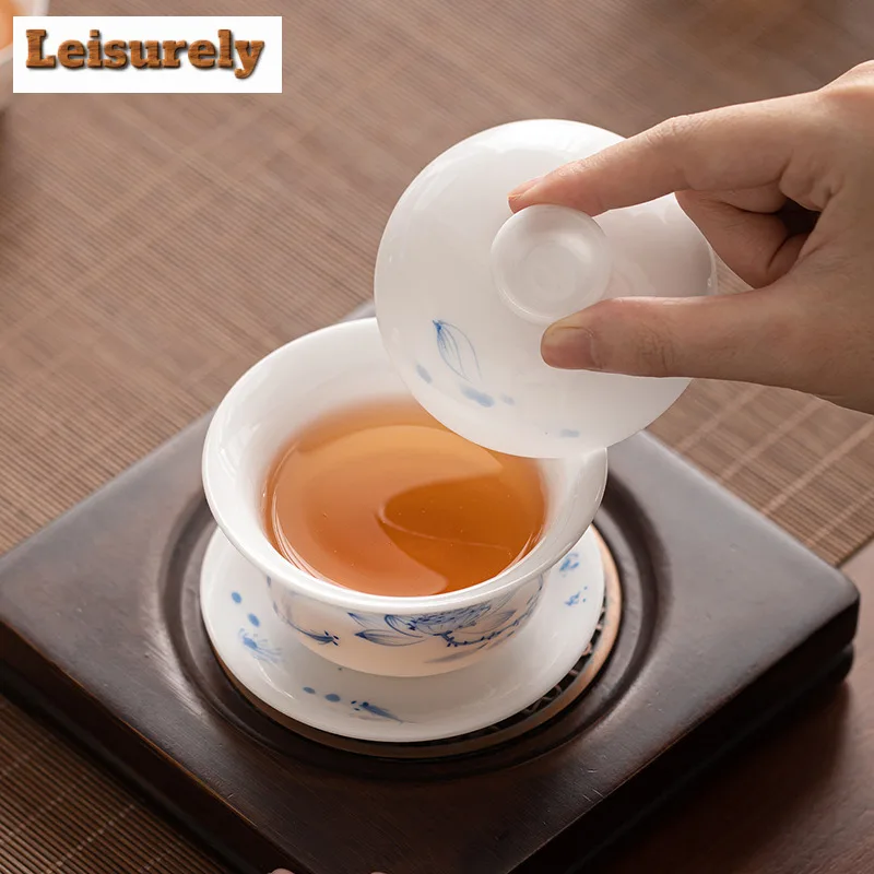 150ml Ice Jade Hand-painted Lotus Gaiwan Traditional Tea Tureen Tea Bowl With Lid Kit Tea Making Cover Bowl Drinkware Collection