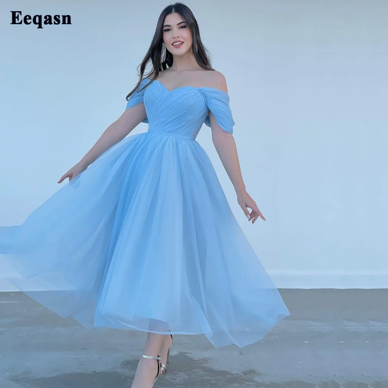 Eeqasn Simple Sky Blue Short Prom Dresses Pleat Off The Shoulder Tea-Length Evening Gowns Formal Wedding Party Bridesmaid Dress