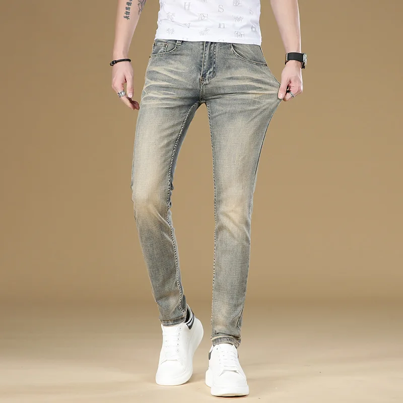 Retro Jeans Men\'s Simple Fashion Brand Slim Fit Skinny High-End Casual All-Match Stretch Worn Looking Washed-out Pants
