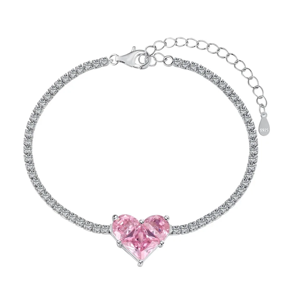 

925 Silver Tennis Bracelet Women Pink Diamond Heart Bracelet Female Sparkling 5A Zircon Advanced Design Luxury Jewelry Girl Gift