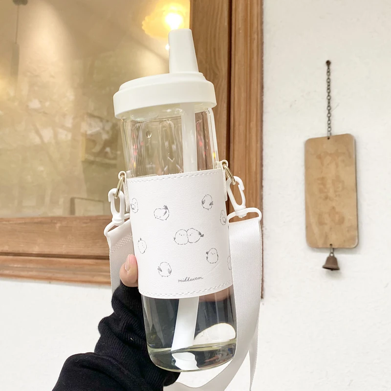 Kawaii Cats Glass Water Bottle With Straw Holder Strap Large