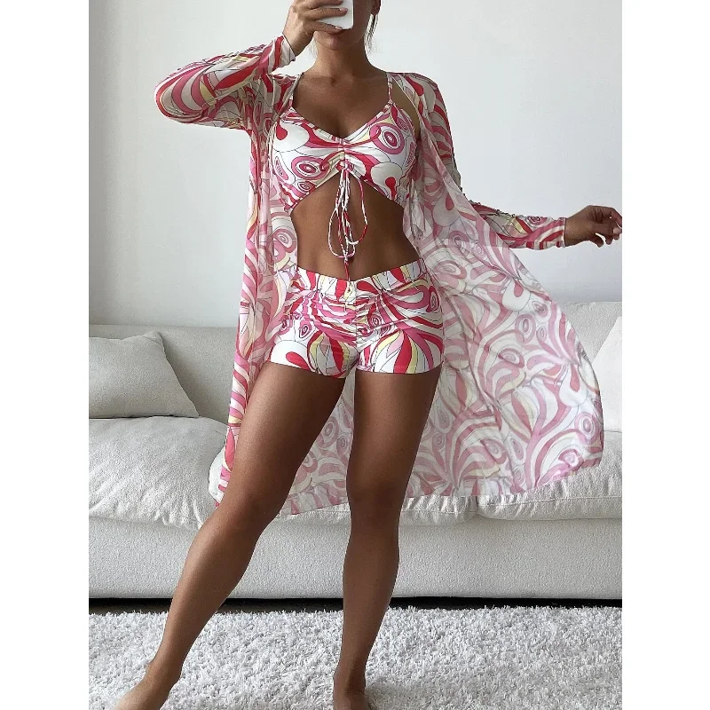 Women's 3 Piece Swimsuit Floral Print Drawstring Ruched Halter Bikini Set Shorts Bathing Suit Kimono Cover Up Summer Beachwear