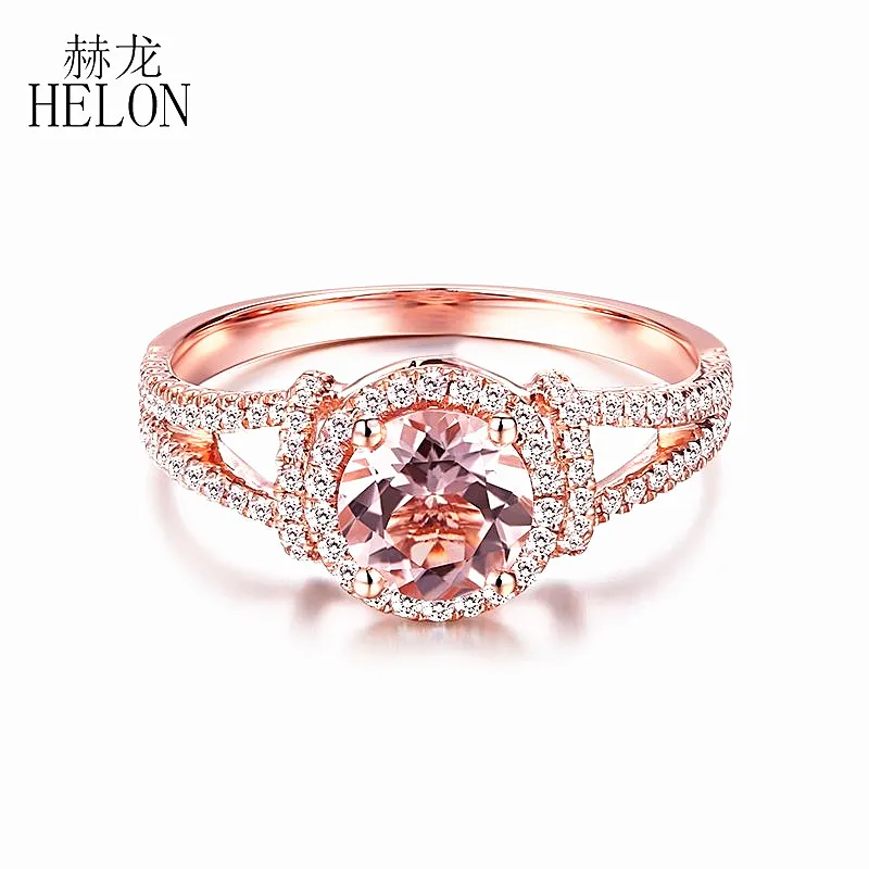

HELON Solid 18K 10K Rose Gold Flawless Round Cut 6mm Natural Morganite Diamonds Engagement Ring Women Fine Jewelry Diamonds Ring