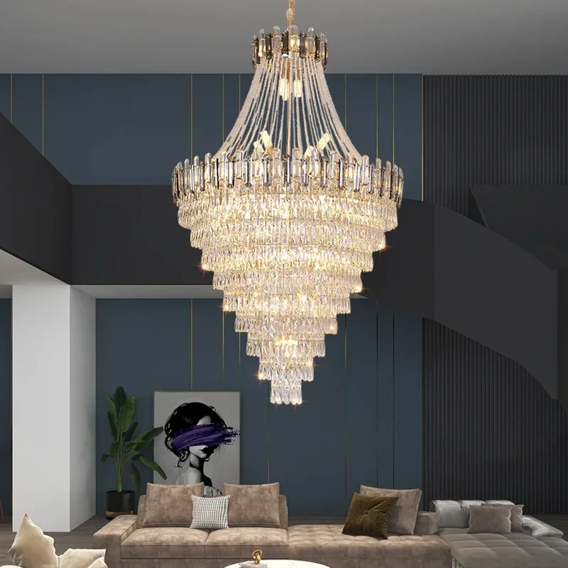 

Modern Luxury LED Duplex Crystal Chandelier 3 Color Dimmaing Pendant Lamp For Villa Hall Staircase Hotel Lighting