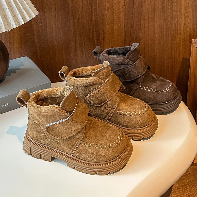 Children Ankle Boots Retro British Style Girls Fashion Princess Boots Suede Warm 2025 Winter New Kids Short Boots Hook&loop Soft