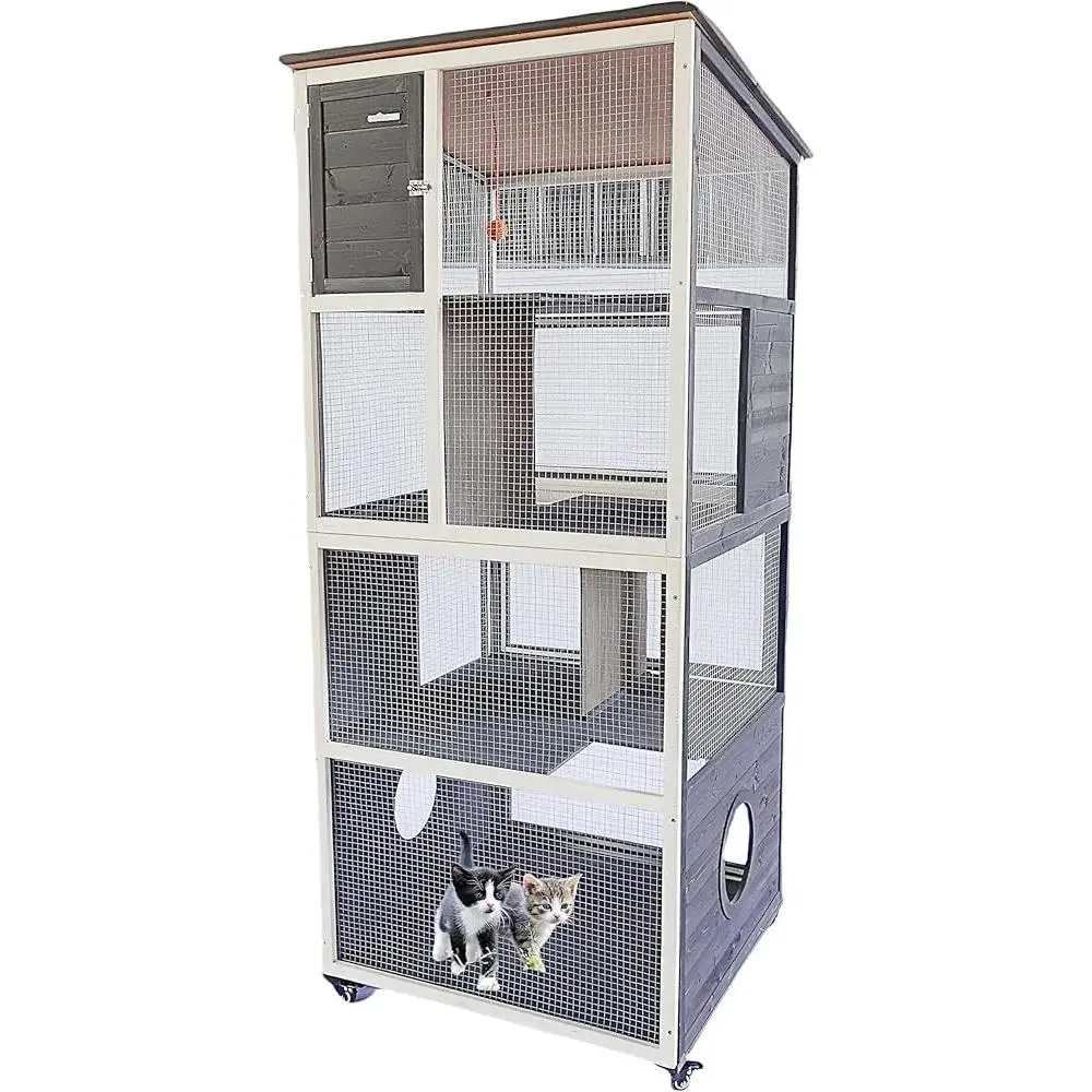 Large Wooden Cat Cage 4 Tier Outdoor Indoor House with Wheels Waterproof Roof Sisal Scratching Features