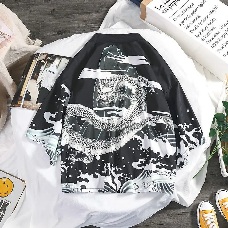 Men Spring Loose Hong Kong Style 3/4 Sleeve Kimono Cardigan Harajuku Streetwear men kimono cardigan