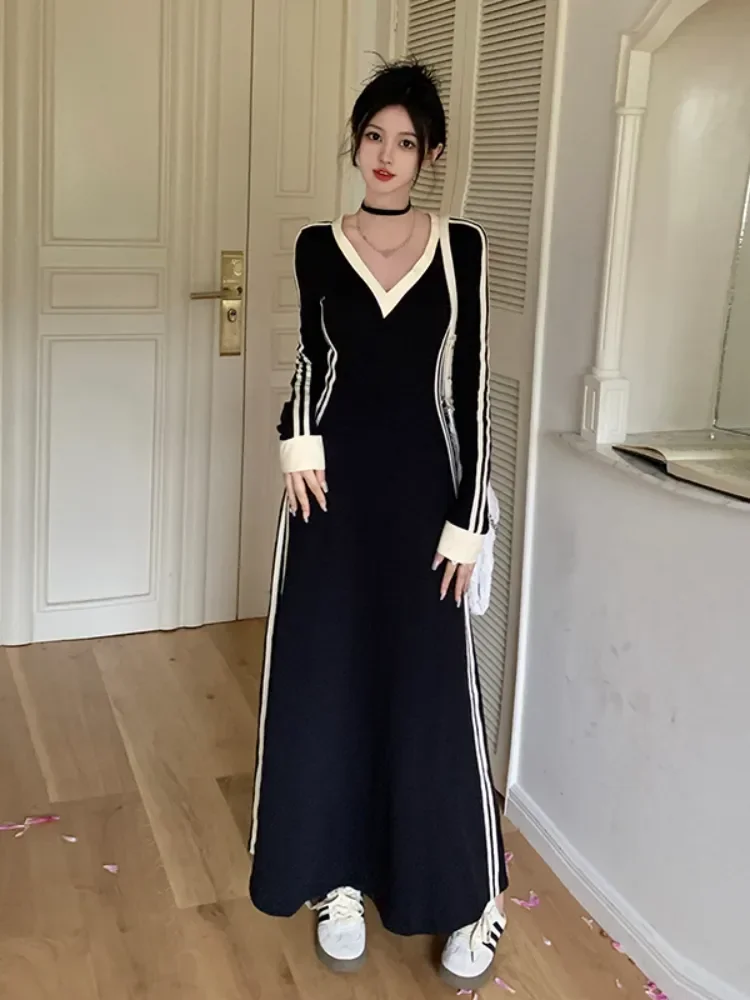 

French Striped V-neck Long-sleeved Dress Women Fall Clothes Vintage Robe Casual Loose Dresses Korean Fashion Vestidos De Fiesta