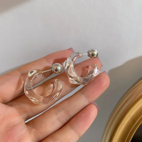 Korea Plaid Stripes Geometric C-shaped Hoop Earring Retro Trendy Resin Acrylic Stud Earrings For Women Party Jewelry Gifts