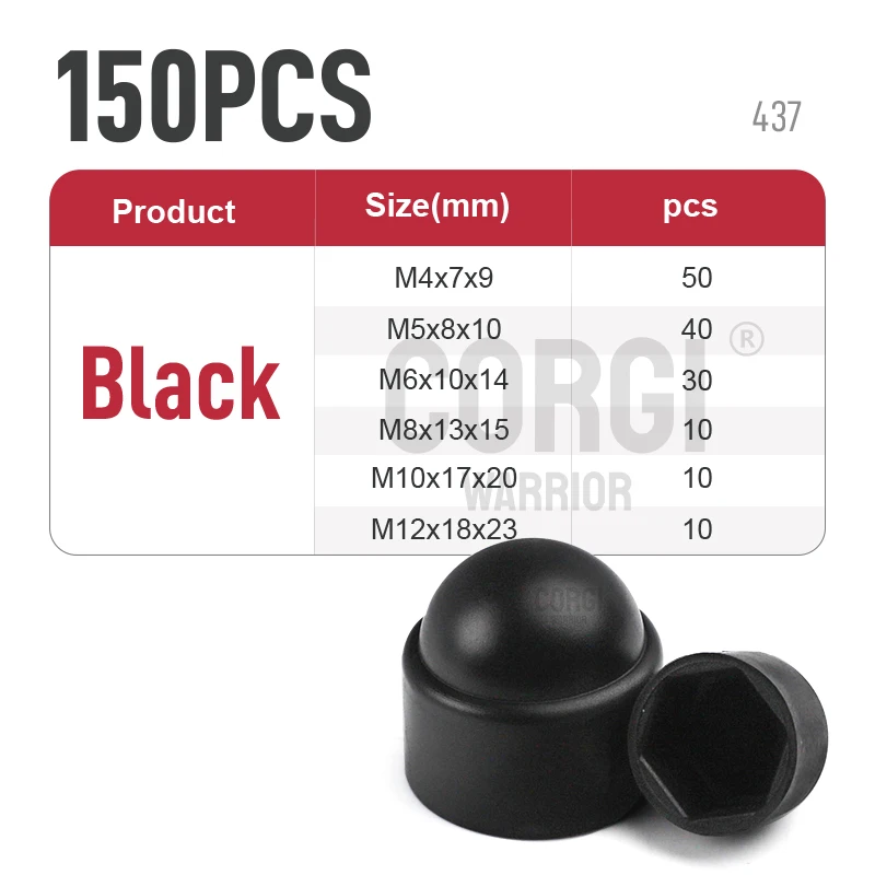 Description Picture 5 of itemM4 M5 M6 M8 M10 M12 Black White Bolt Cover Screw Caps Hex PE Cap Plastic Nut Assortment Kit 150 to 197 Acorn Dome Protection Nut