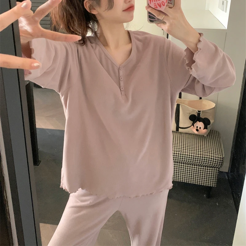 Spring Autumn Women's Pajama Set Solid Simple New Double-sided Velvet Warm Sleepwear Female Long Sleeves Pants Home Nightgown
