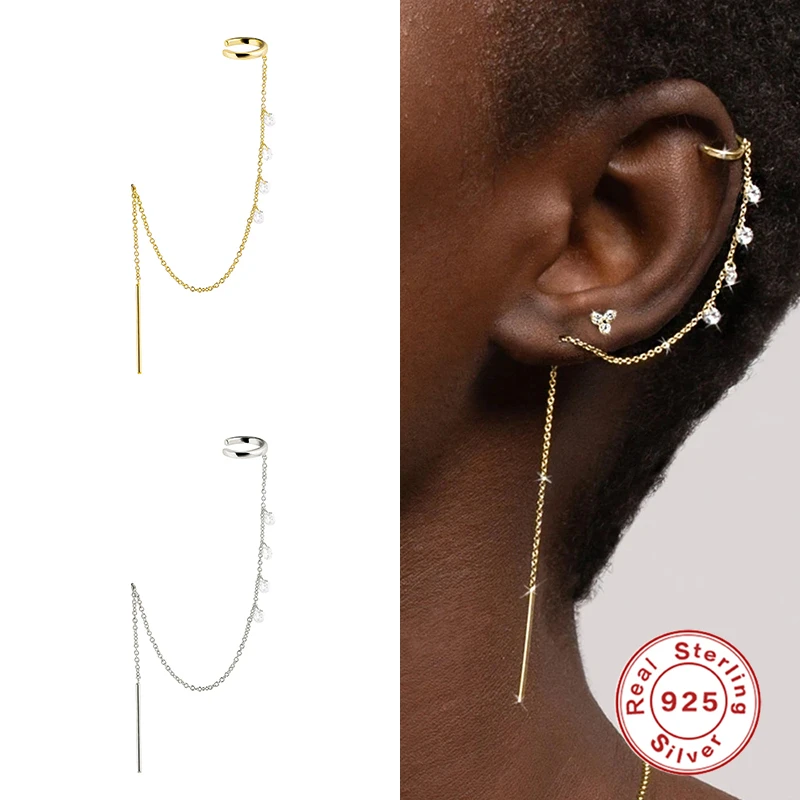 Aide 925 Sterling Silver Sparkling Zircons Long Chain Tassel Clip Earrings For Women Elegant Wedding Party Jewelry Ear Cuff 1PC 5