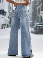 Plus Size Spliced Button Denim Straight Wide Leg Jeans Pockets High Waist Vintage Women Denim Jeans Casual Streetwear Trousers - Image 4