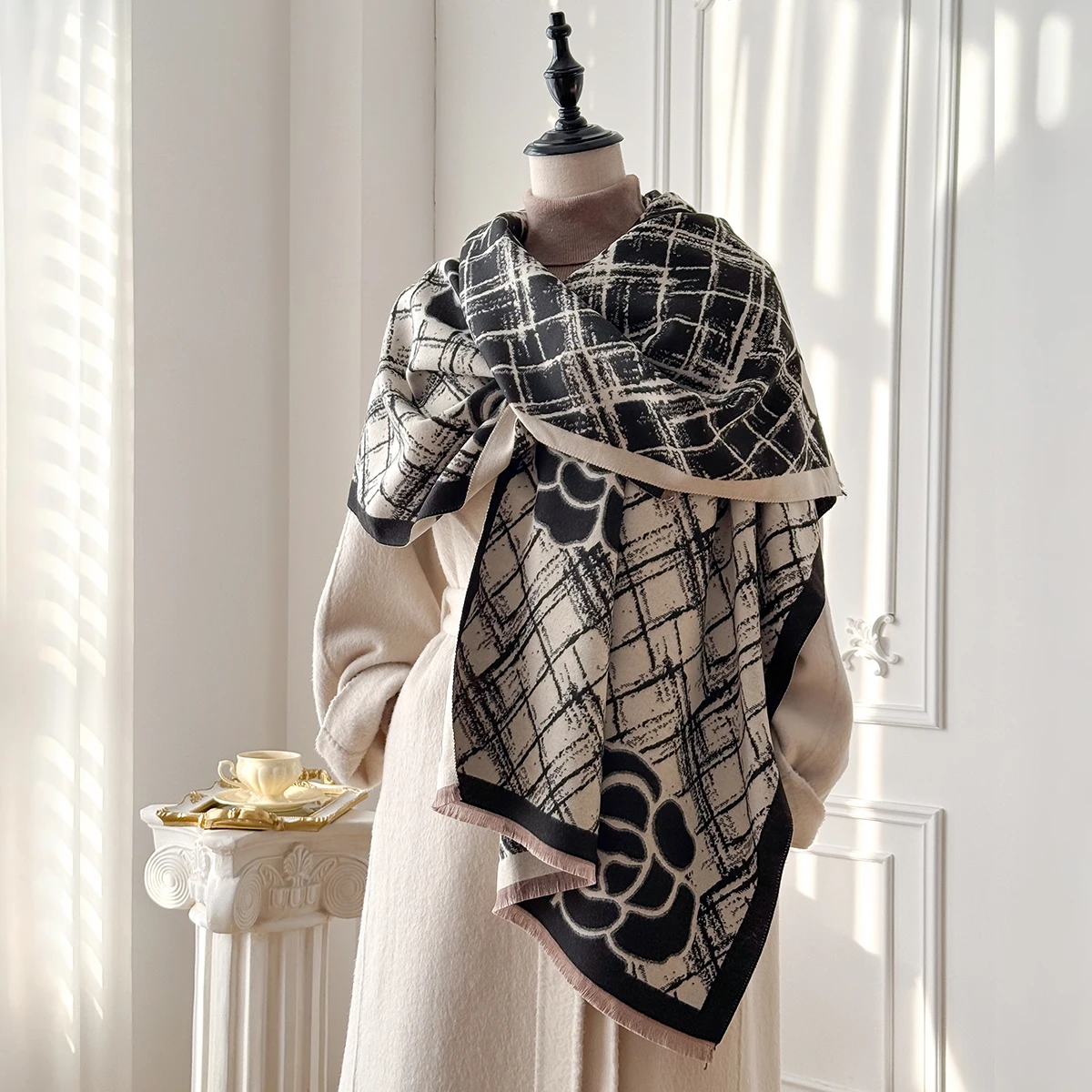 Brand Fashion Women's Winter Cashmere Wrap - Vintage Oil Painting Floral Printed Tasseled Pashmina Thick Shawl, Scarf & Echarpe