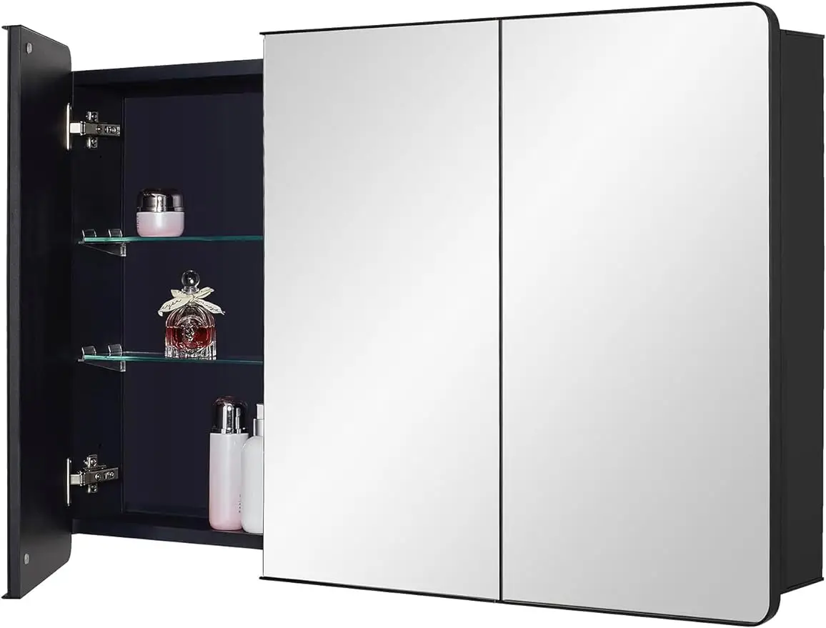 

IDYLLOR Black Bathroom Medicine Cabinet with Round Corner Framed Door, 40 x 25.5 inch, Recessed or Surface Mount