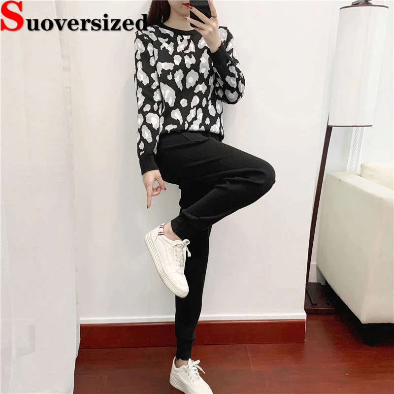

Women Knitted Tracksuit Set Leopard Print O Neck Pullover + Lace Up Ankle-length Jogger Pants Outfit Casual Sweater 2 Piece Sets