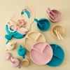 Color Kids 6PCS Silicone Baby Feeding Set Sucker Bowl Dinning Plate Straw Cup Spoon Fork Toddler Dishes Bib Children's Tableware 1