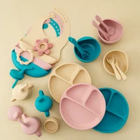Color Kids 6PCS Silicone Baby Feeding Set Sucker Bowl Dinning Plate Straw Cup Spoon Fork Toddler Dishes Bib Children's Tableware 1
