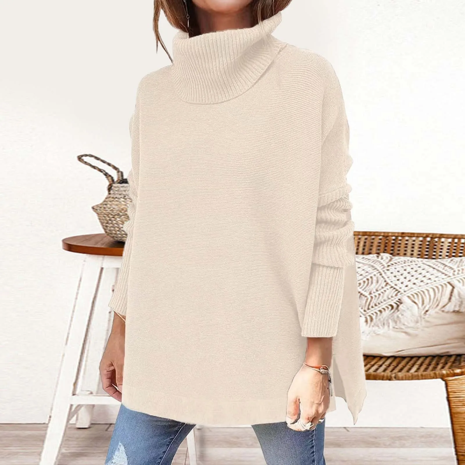 thumbnail image 1 of Suéter de gran tamaño para mujer, bata, suéter de cuello alto de manga larga, suéter 2024, jersey de punto blanco, caqui, marrón y verde para mujer, 1 of 4