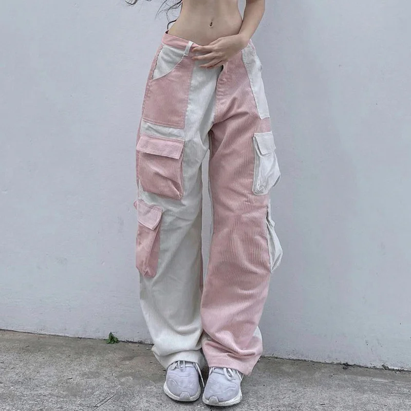 

Splicing Collision Color High Waist Corduroy Pants Street American Style Multi-pocket Straight Casual Wide Leg Cargo Pants Women