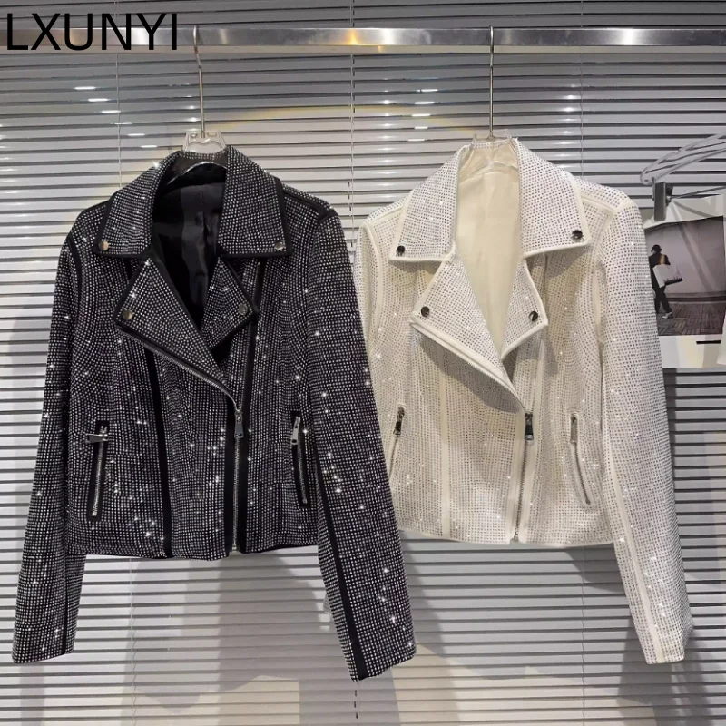 

LXUNYI Fashion Show Catwalk Rhinestone Jacket Women Autumn 2023 Turndown Collar Diagonal Zipper Motorcycle Coat Ladies jackets