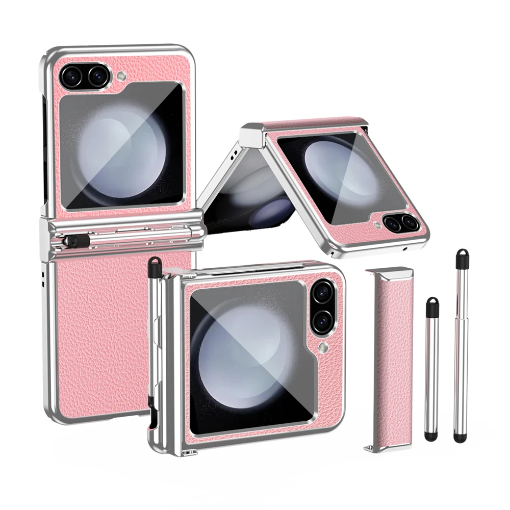 

Folded Electroplated Plain Shell for Samsung Galaxy Flip 5 flip4 flip3 PU Lizhi Leather Covers Capa Touch Pen Double Hinge