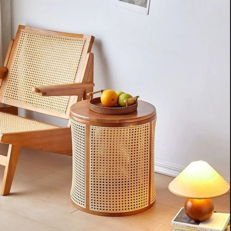 

Japanese Style Rattan Vintage round Storage Corner Living Room Sofa Side Stool round Table Bedside Table