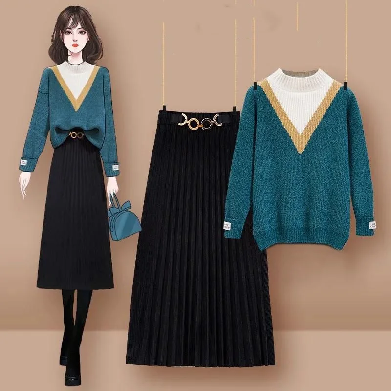Fashion Outfits For Women's 2023 Autumn/Winter New Half High Neck Thickened Sweater High Waist Half Skirt Two Piece Set
