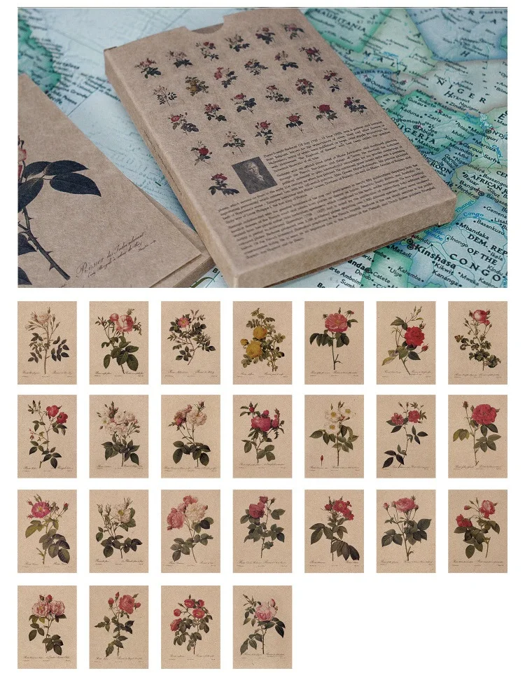 24 Sheets/Set The Bible of Rose Hand Drawn Kraft Paper Postcard DIY Retro Greeting Message Cards Christmas and New Year Gifts