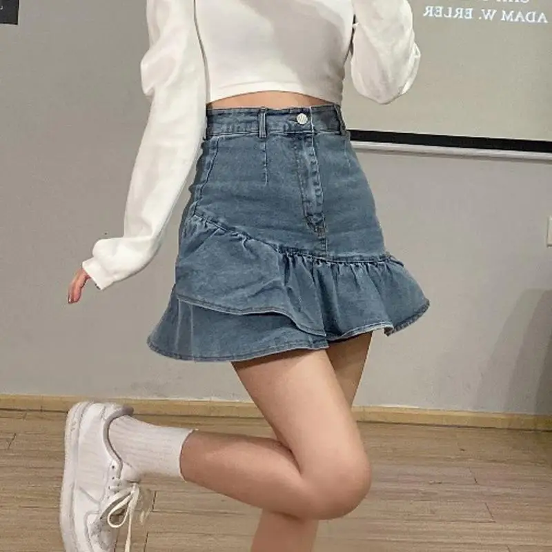 

Deeptown Ruffle Vintage Denim Skirt Women Sexy Irregular Mini Skirts Retro Patchwork Streetwear Casual Solid A-line Jean Skirt