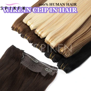 SPIKFN Fish Line In Human Hair Weft 12-22 inches Straight Machine Remy Hair Bundles Clip In Hair Pieces 60g-100g for Women