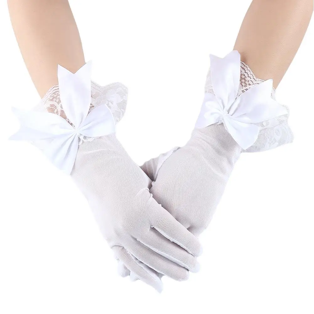 

Black White Short Cosplay Accessories Weddings Wrist Gloves Large Bownot Mesh Gloves Lace Gloves Bride Mittens