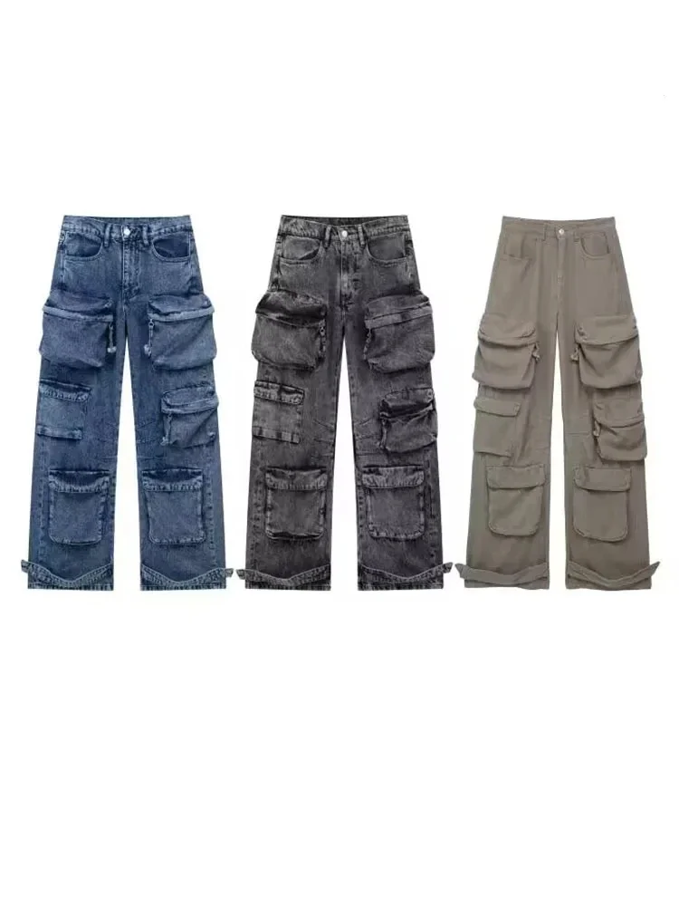 

Women's Retro Denim Overalls Fashion High Waist Multi-Pocket Decoration Women's Zipper Trousers American High Street Jean