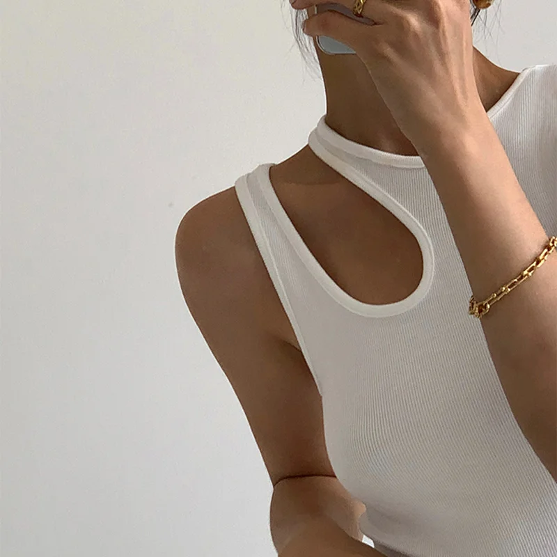 Casual y2k White Cut Out Women's T Shirt Round Neck Sleeveless Slim T Shirts Female Clothing 2022 Summer Fashion crop top women