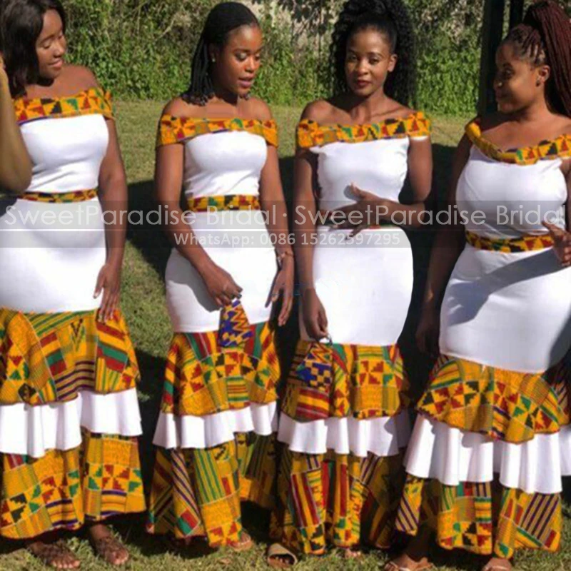 

Tiered Trumpet Bridesmaid Dresses Boat Neck Print Wax Mermaid Long Ankle Length Wedding Party Dress African Women