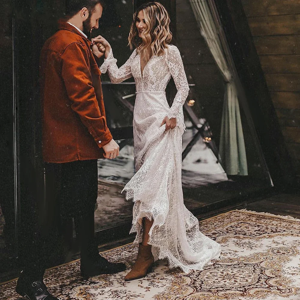 Sexy V-neck Bohemian Wedding Dress Long Sleeve Lace Backless A-line Bride Dress | eBay UK Sexy V-neck Bohemian Wedding Dress Long Sleeve Lace Backless A-line Bride Dress | eBay UK