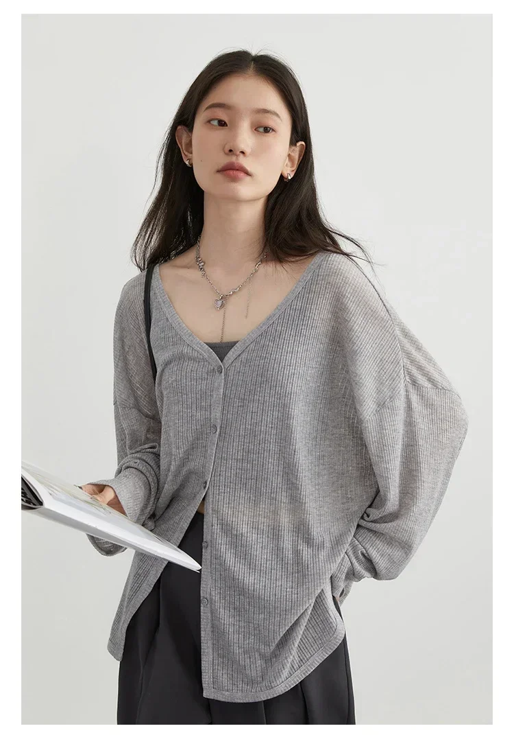 Solid V-neck Shirt Women Spring Single Breasted Chiffon Loose Slim All-match Sun Protection Thin Breathable Fashion Slim Cozy