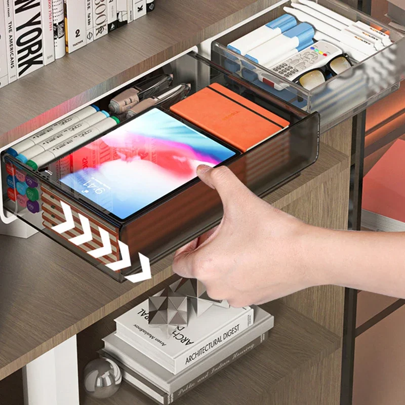 Office Storage Box Under Desk Hidden Drawer Clear Organizer Drawer Desk Supplies Holder Rack Memo Pen Stationery Storage Tray