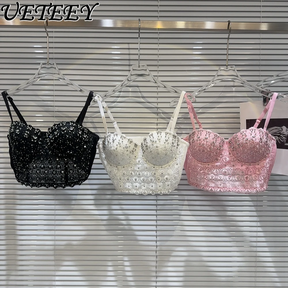 

2024 Spring and Summer New Ladies Rhinestone Beaded Vest Lace Crocheted Fishbone Three-Dimensional Chest Pad Sling Tube Top