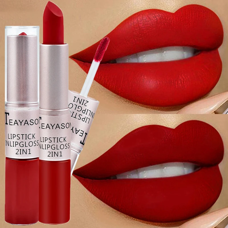 2-in-1 Matte Red Lipstick  Gloss - Long Lasting Velvet Waterproof Makeup