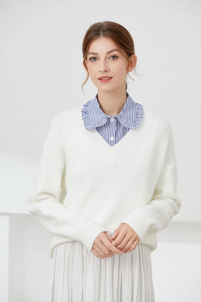 Blue Striped Pleated Fake Collar with Lotus Leaf Lace Detachable Collar Shirt Dickey Half Blouse False Collar for Lady Girls
