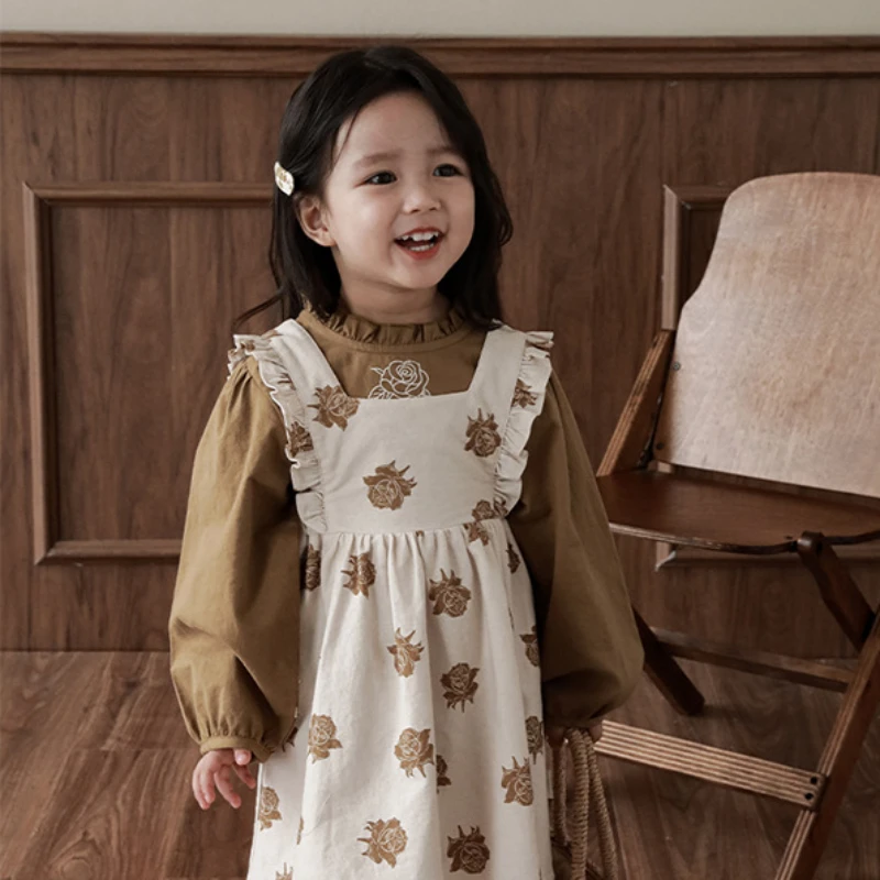 

Girls Dress Rose Embroidery Casual Overalls 2023 Spring Autumn Long Sleeve Blouse Retro French Style Kids Clothes for Girls