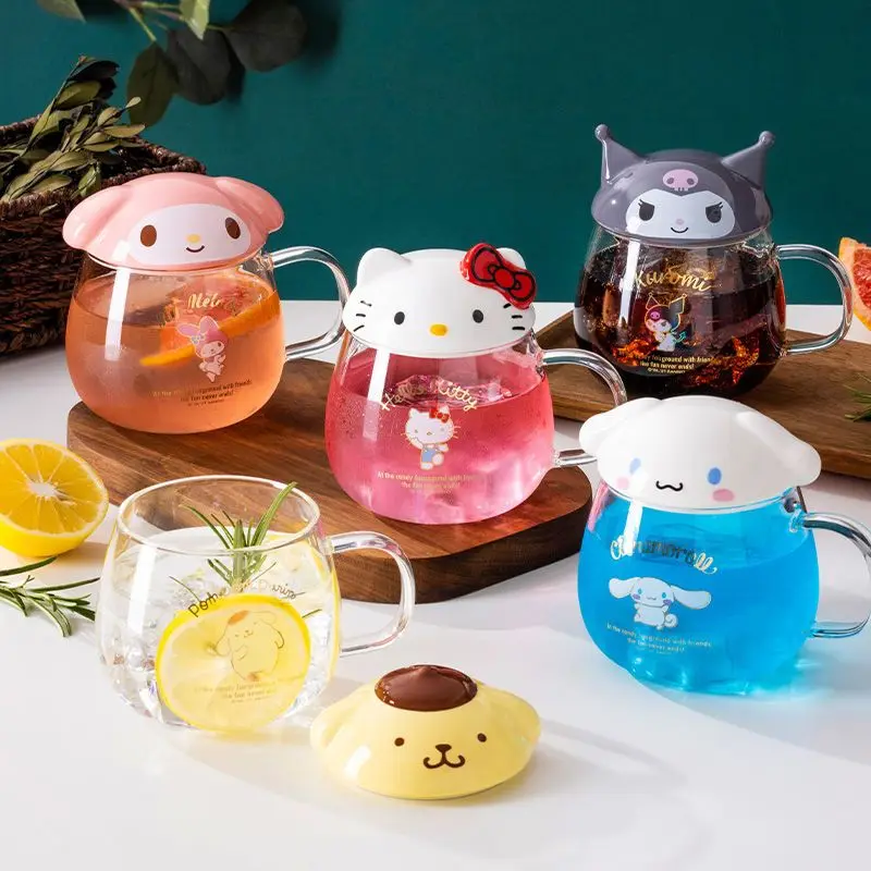 Sanrio Hello Kitty Keroppi My Melody Cute Cartoon Glass Water Cup Con Coperchio Make Tea Milk Cup Anime Periferiche Festival Gift